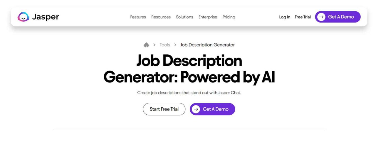  Visão geral da página inicial do Jasper AI - Capacidades de escrita criativa para descrições de emprego 
