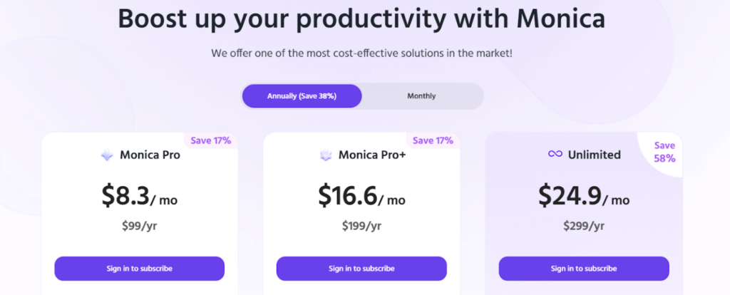  Tabela de preços do Monica.im mostrando vários planos de assinatura e custos. 