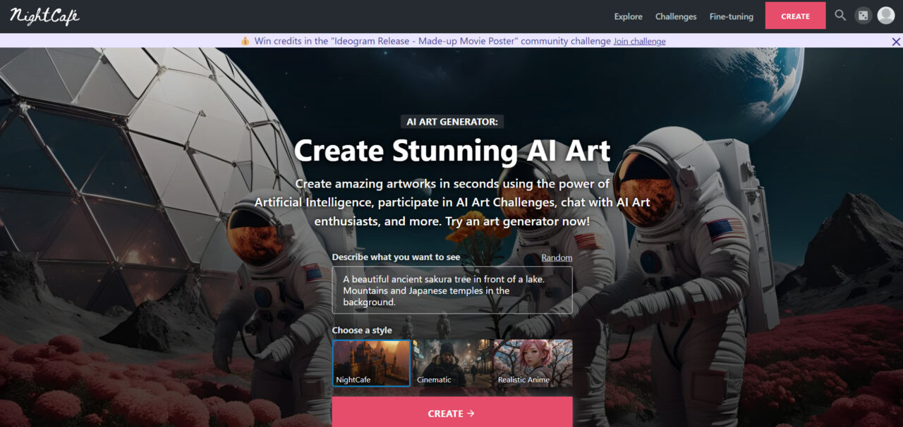  NightCafe est une plateforme de création artistique alimentée par l'IA qui génère des images à partir de descriptions textuelles. pen_spark tune share 