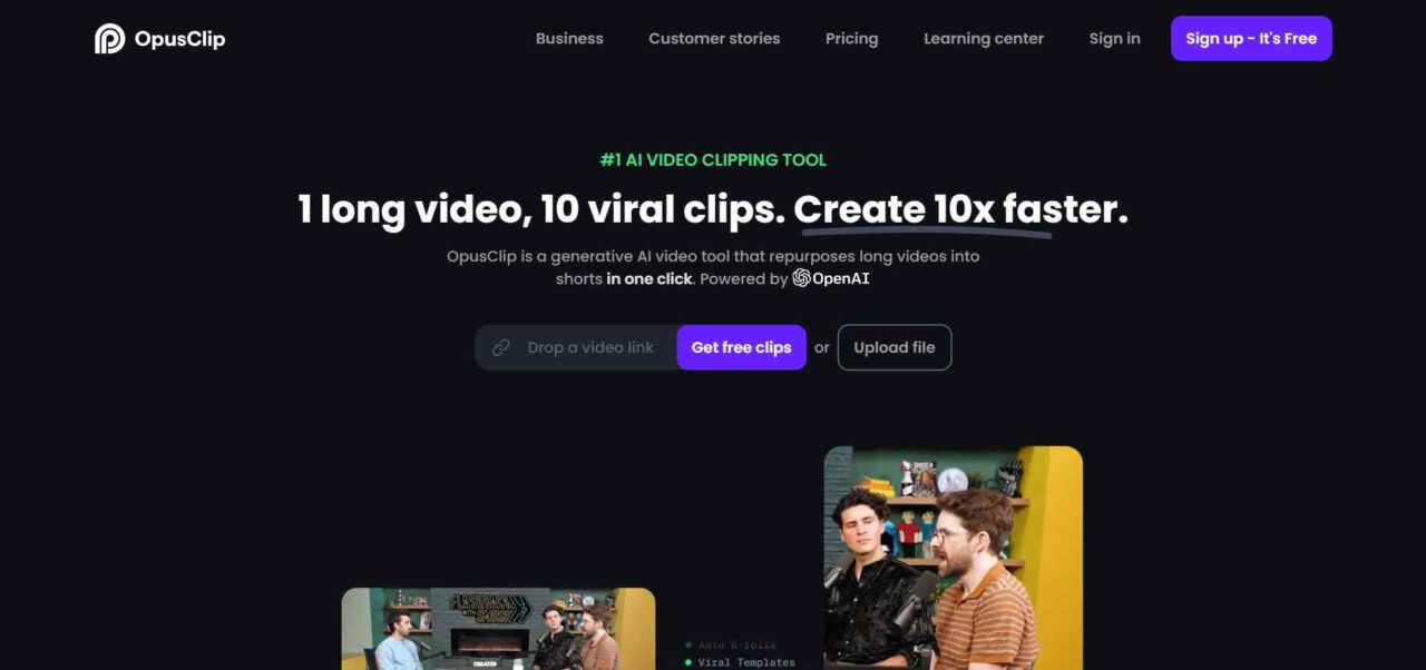  Opus-Clip-Homepage - Ein langes Video und zehn virale Clips. 