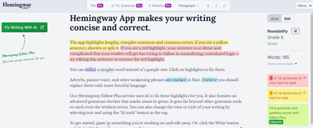 Hemingway Editor-App-homepage-showcasing-writing-suggestions-for-lengthy-sentences-passive-voice-and-readability-score