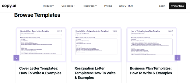 Copy.ai-Vorlagen zeigen vielfältige Optionen für verschiedene Inhaltstypen