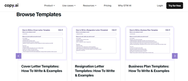  Copy-ai-Homepage, die eine Vielzahl von Vorlagen für verschiedene Schreibbedürfnisse präsentiert. 
