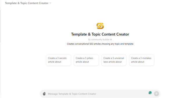  Template-und-Themen-Inhalts-Ersteller, der Optionen zur Erstellung verschiedener Arten von SEO-Artikeln präsentiert. 