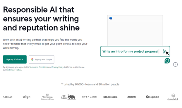 Página inicial do Grammarly mostrando ferramentas abrangentes de assistência à escrita e feedback em tempo real
