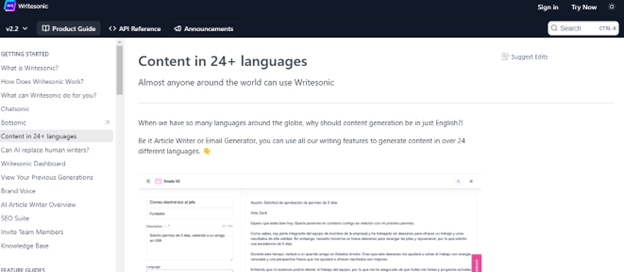  Writesonic produce contenuti in 24 lingue. 