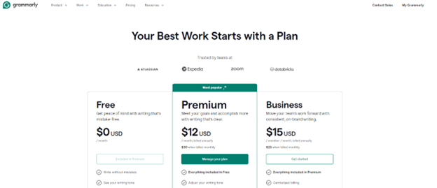 Grammarly-pricing-plans-detailing-Free-Premium-and-Business-options-with-specific-features