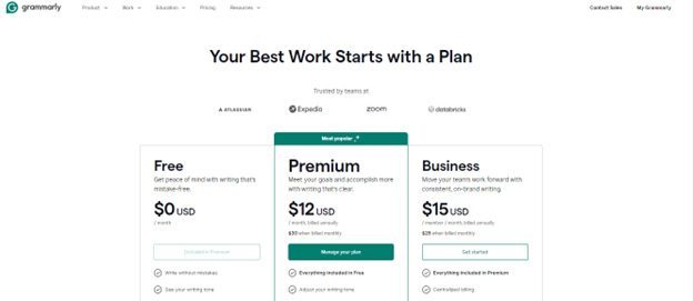 Grammarly-pricing-plans-showcasing-free-premium-and-business-options-with-cost-and-features