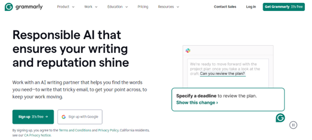 Interface do Grammarly mostrando feedback em tempo real e integração com plataformas de escrita
