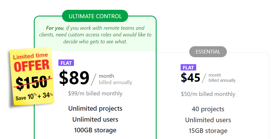 pricing-table-with-ultimate-control-and-'essential'-plans,-featuring-costs,-project-limits,-user-counts-and-storage-details