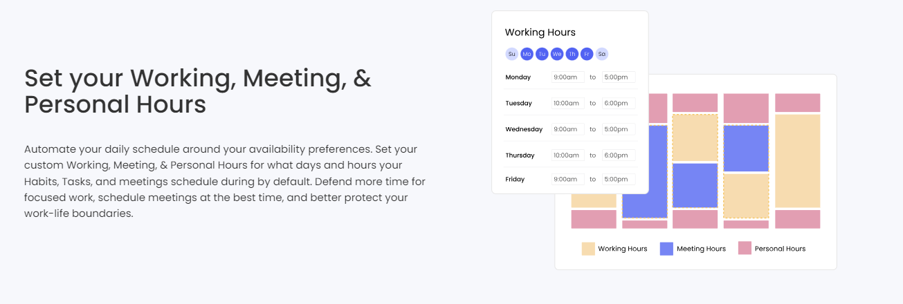 Reclaim-AI-Schnittstelle, die die vom Benutzer definierten Arbeitszeiten für die Planung anzeigt. 