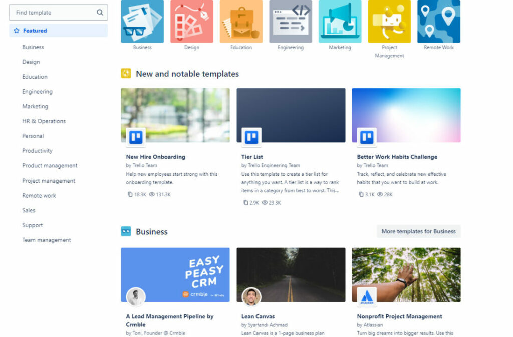 Trello offers customizable templates for business, education, marketing, and more. 