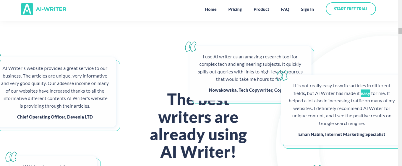Screenshot-of-AI-Writer-website-showing-user-testimonials-about-how-easy-it-is