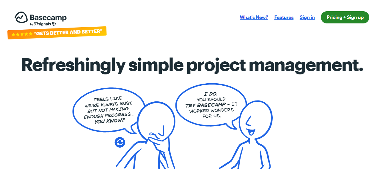 screenshot-of-basecamp-homepage-with-cartoon-characters-discussing-the-benefits-of-using-basecamp
