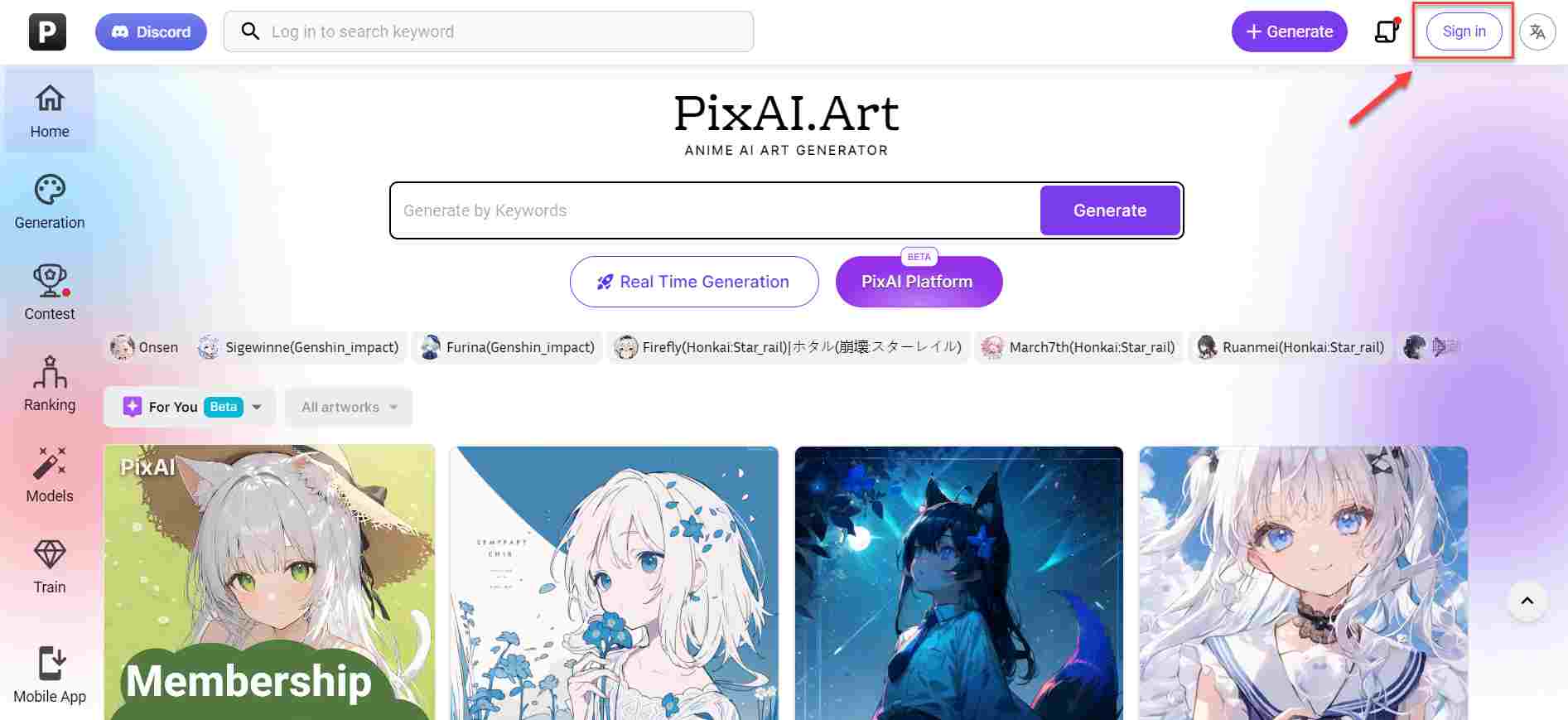  pixai.art-Anmeldeseite mit hervorgehobener Anmeldeschaltfläche 