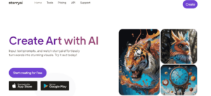 Page d'accueil de StarryAI promouvant la création d'art IA avec des prompts textuels et des images d'exemples