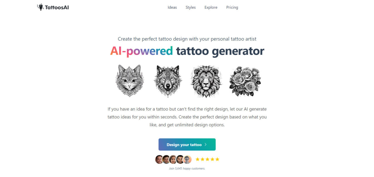  TattoosAI ist ein von KI betriebener Tattoo-Generator, der Ihnen hilft, einzigartige und individuelle Tattoo-Designs in Sekundenschnelle zu erstellen, indem Sie Ihre Ideen beschreiben. 