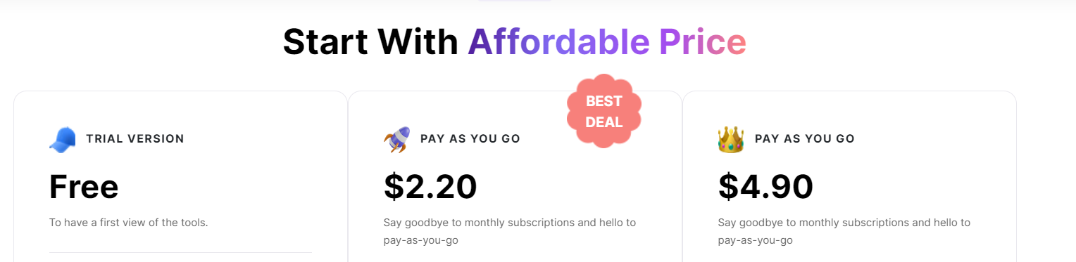 Writebot-io-pricing-plans-showcasing-free-trial,-$2.20-pay-as-you-go,-and-$4.90-pay-as-you-go-options.