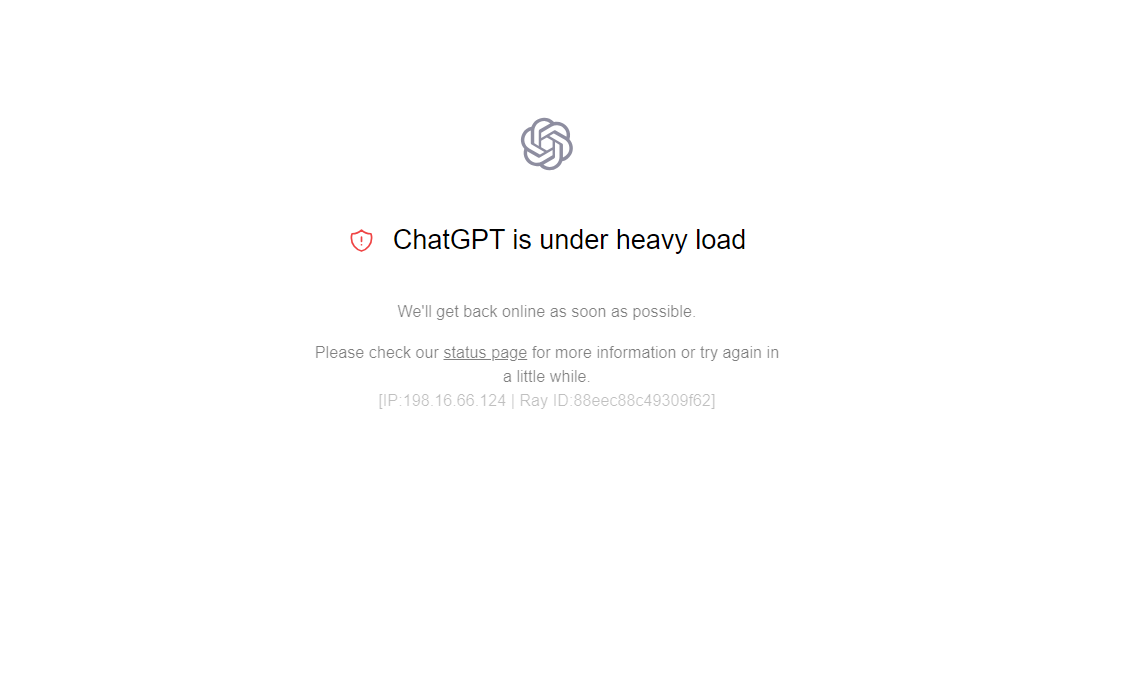  ChatGPT está fora do ar devido a um erro de sobrecarga. 