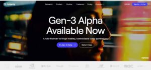 Screenshot-of-the-RunwayML-website-homepage-featuring-a-banner-announcing-'Gen-3-Alpha-Available-Now'-with-a-description-stating-'A-new-frontier-for-high-fidelity,-controllable-video-generation'.-Includes-buttons-for-trying-Gen-3-Alpha-and-watching-a-video,-with-navigation-links-to-Research,-Product,-Studios,-Customers,-Pricing,-Company,-and-log-in-and-sign-up-buttons