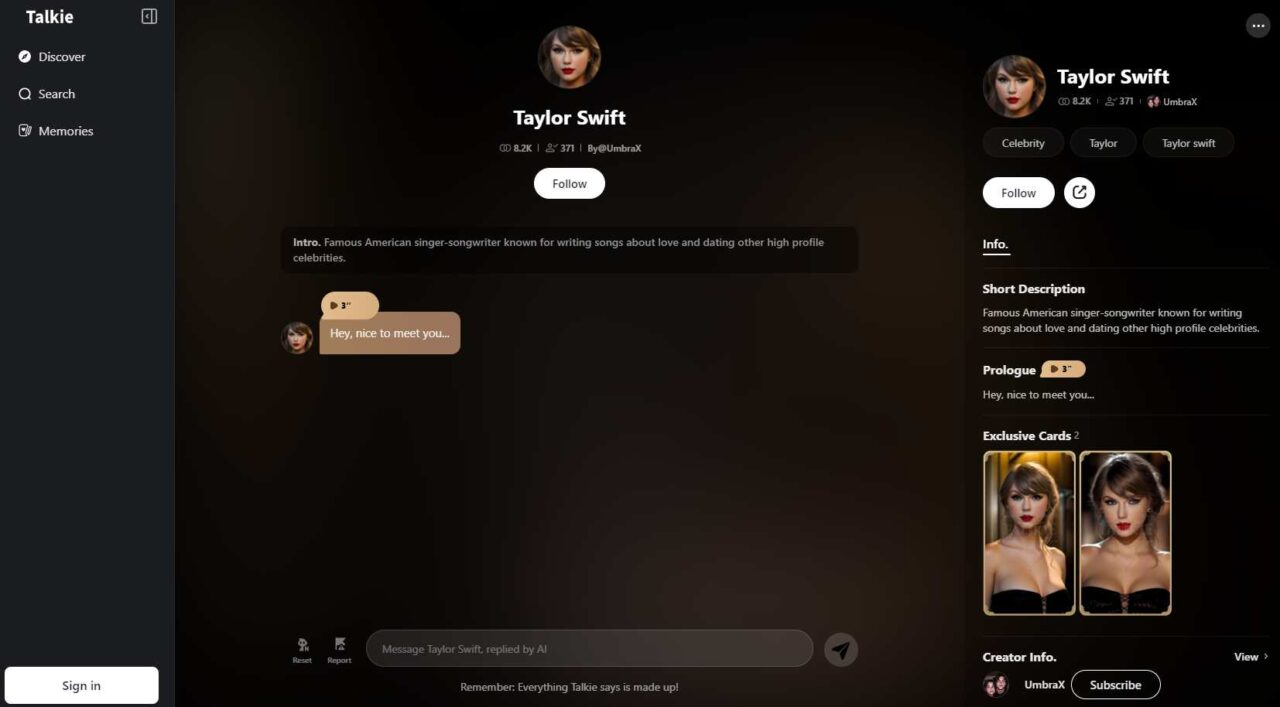  Sprechen Sie mit der KI-Figur Taylor Swift. 