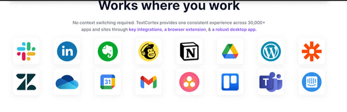 TextCortex-integrations-showcasing-various-platforms-like-Slack-LinkedIn-Evernote-Mailchimp-Notion-Google-Drive-WordPress-Trello-and-Microsoft-Teams for-seamless-workflow