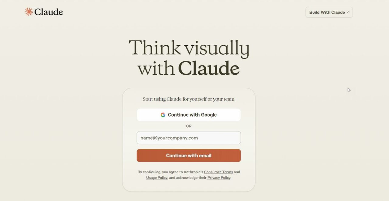  Página de login de Claude com opções para continuar com o Google ou e-mail. 
