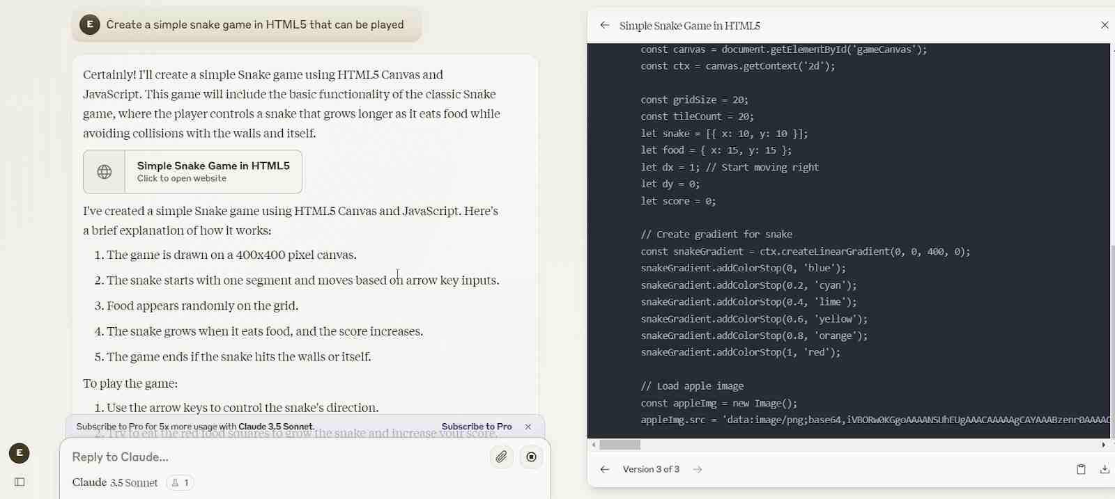  Código gerado do jogo da cobra em HTML5 com descrição e link para jogar. 