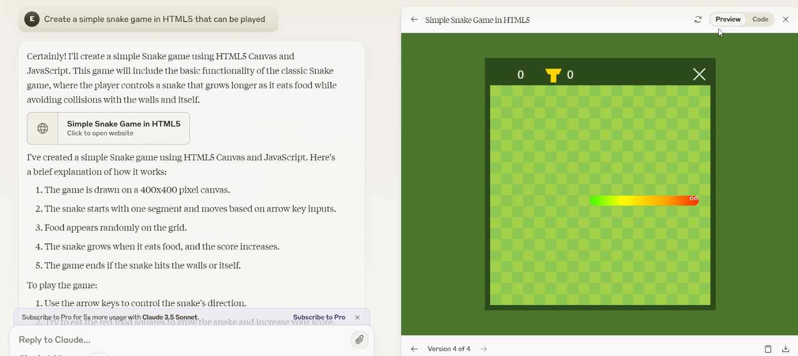  janela de visualização mostrando um jogo simples de cobra em HTML5 