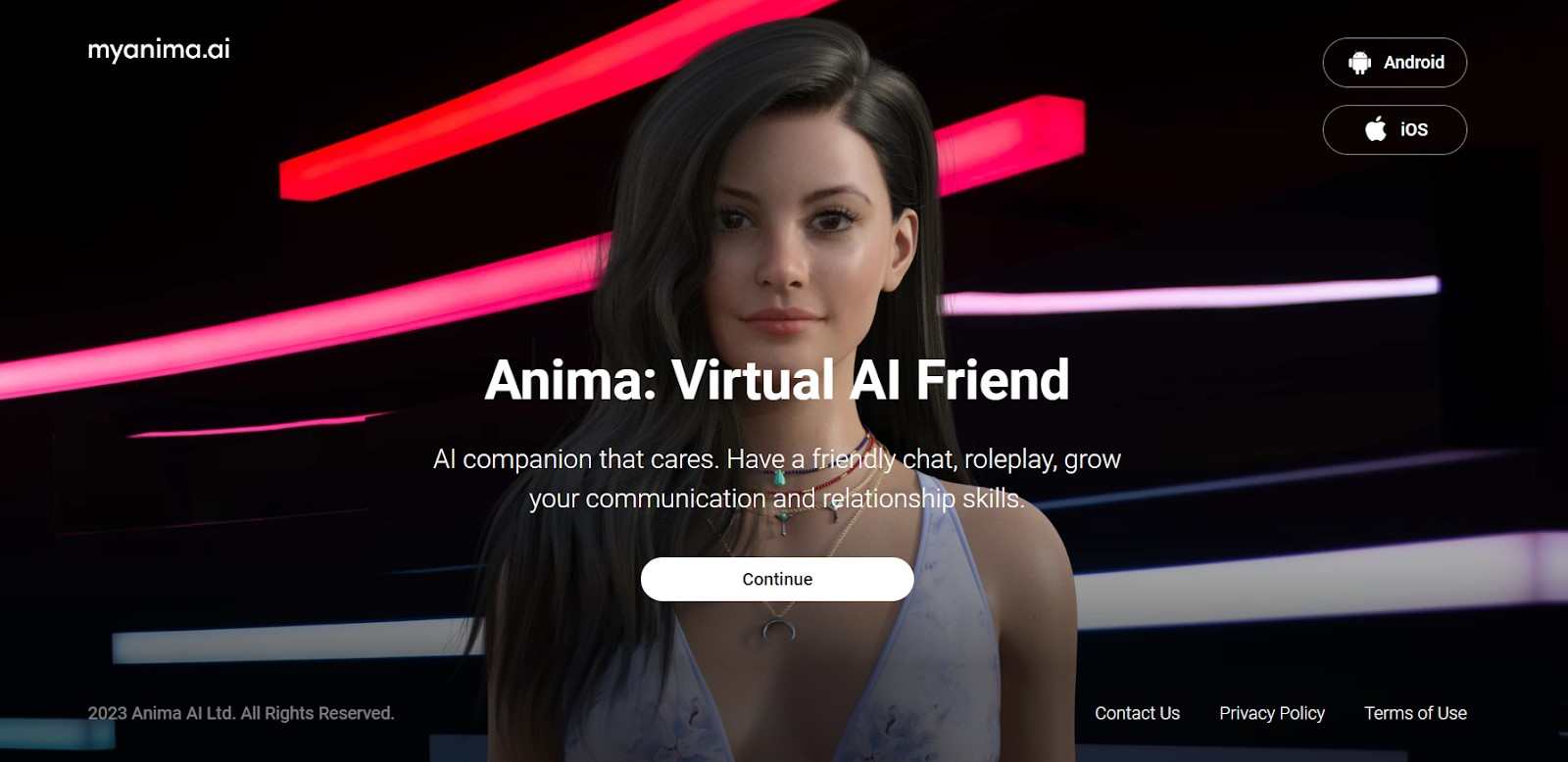  página inicial do Anima AI - amigo virtual de IA 