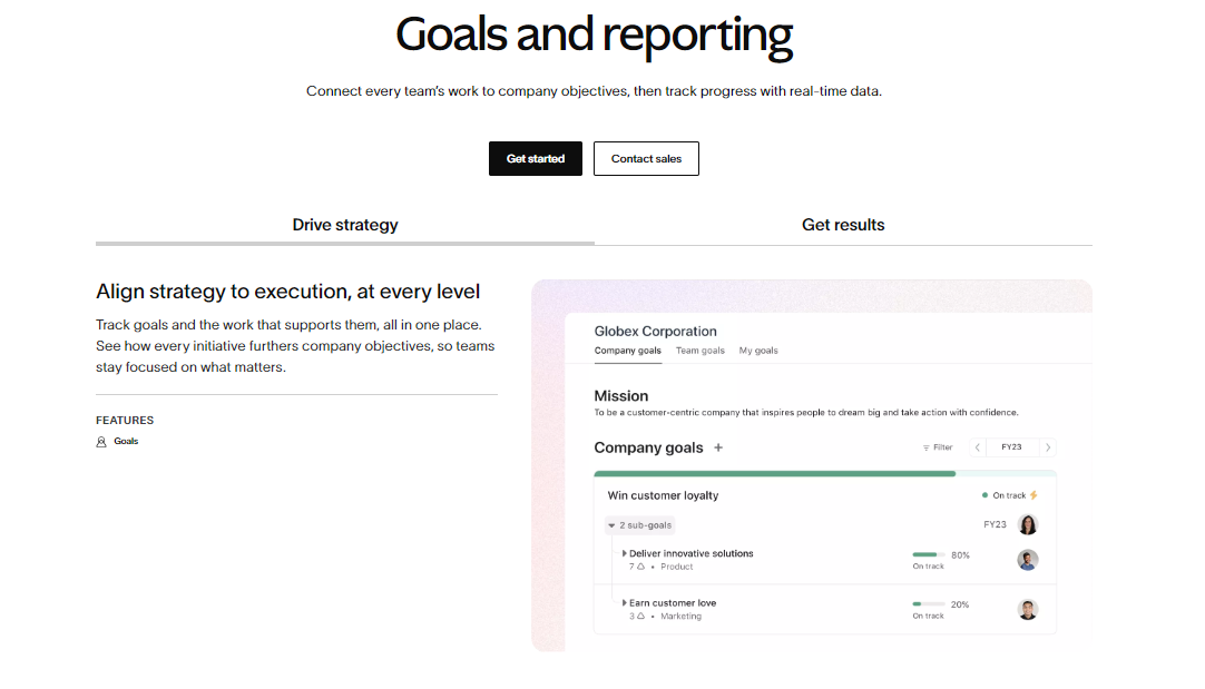 asana-goals-and-reporting-page-connect-team-work-to-company-objectives-track-progress-with-real-time-data-features-include-goal-tracking-and-alignment-of-strategy-to-execution
