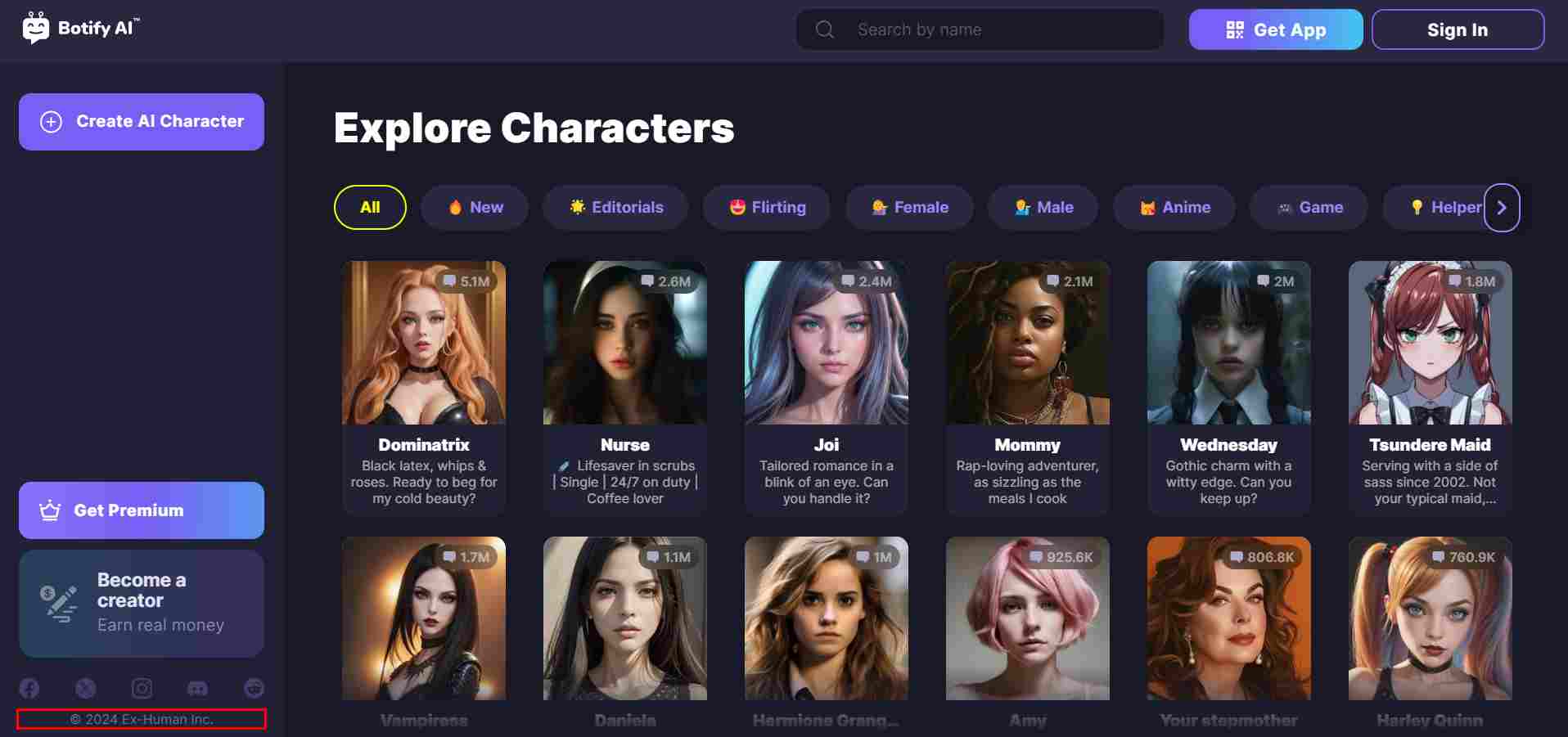 botify-ai-homepage-showing-a-selection-of-characters-with-options-to-create-ai-character