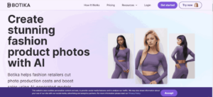 Botika-Website, die KI-gesteuerte Modeproduktfotos mit KI-generierten Modellen bewirbt