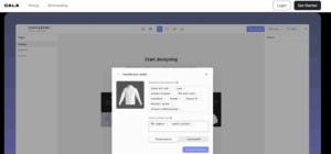 CALA-Website-Oberfläche zur Gestaltung von Kleidung mit KI-gesteuerten Tools.