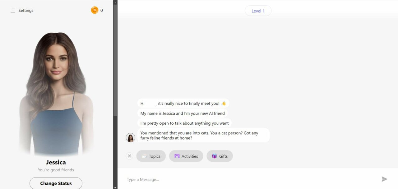  Chat-Oberfläche von Anima AI mit einer virtuellen Freundin namens Jessica, die eine Unterhaltung zeigt und Optionen für Themen, Aktivitäten und Geschenke anbietet. 
