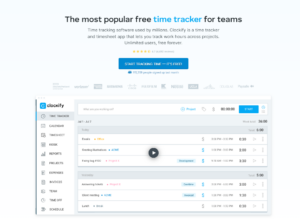 clockify-webpage-promoting-its-free-time-tracking-software-for-teams-featuring-user-interface-client-logos-and-a-free-sign-up call-to-action