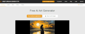 Screenshot-of-the-Deep-Dream-Generator-homepage-featuring-a-'Free-AI-Art-Generator'-banner,-buttons-for-trying-the-generator-without-registration,-and-signing-in-with-Google.-Below-the-banner-is-an-AI-generated-artwork-showing-a-person-standing-by-a-water-body-with-trees-and-a-large-moon-in-the-background.