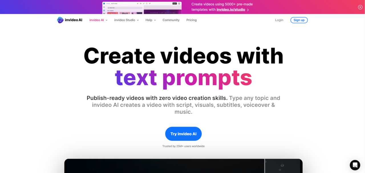  Ferramenta de edição de vídeo Invideo-io - criando vídeos profissionais online com interface amigável, vários modelos, recursos alimentados por IA e edição de vídeo fácil. 