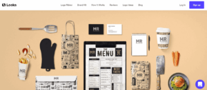 Screenshot-of-the-Looka-website-homepage-featuring -various-branding-items-for-'MR'-including-a-menu,-business-cards,-notepad,-coffee-cup,-utensils,-and-food-items-arranged-on-a-beige-background.-Navigation-bar-at-the-top-includes-links-to-Logo-Maker,-Brand-Kit,-How-It-Works,-Reviews,-Logo-Ideas,-Blog,-with-log-in-and-sign-up-buttons.