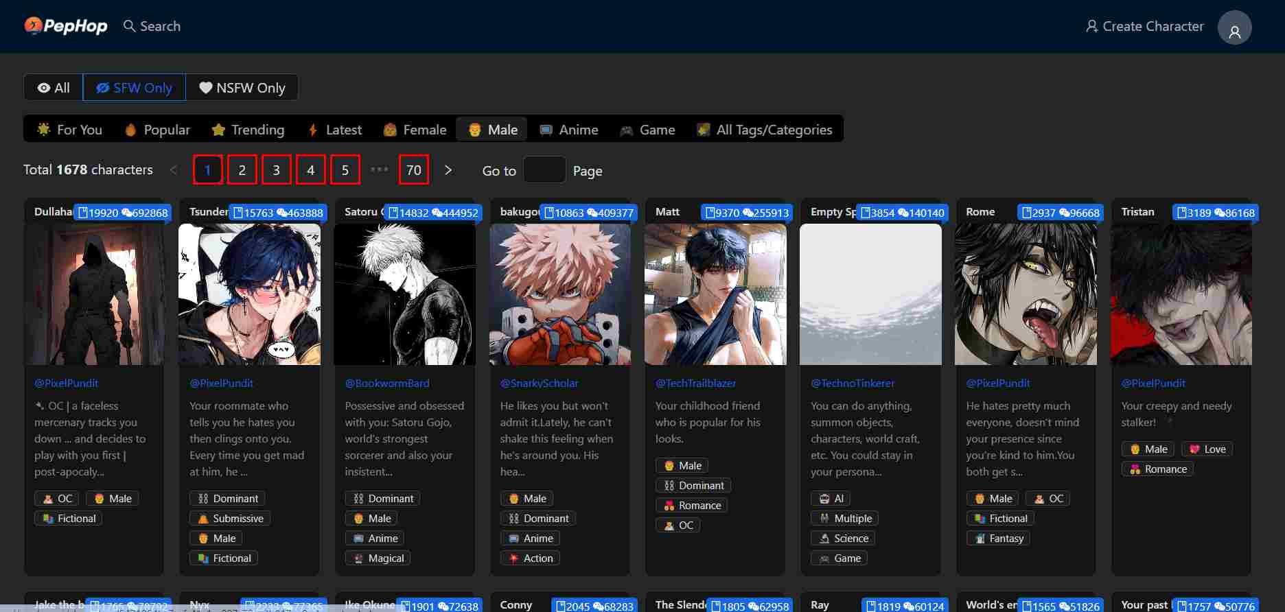 pephop-ai-homepage-showing-a-selection-of-characters