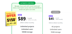 pricing-table-with-ultimate-control-and-essential-plans-featuring-costs-project-limits-user-counts-and-storage-details