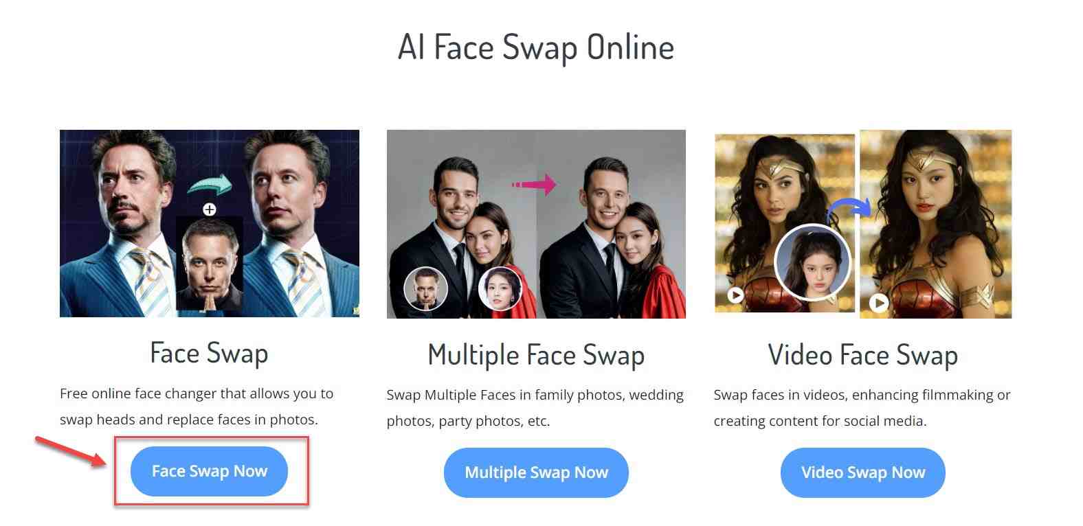  Interface da Remaker AI mostrando a opção de troca de rosto agora, com recursos de troca de rosto múltiplo e troca de rosto em vídeo. 