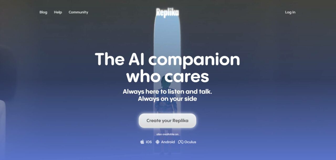 replika-ai-homepage-showing-a-slogan-the-ai-companion-who-cares-with-options-to-create-your-replika