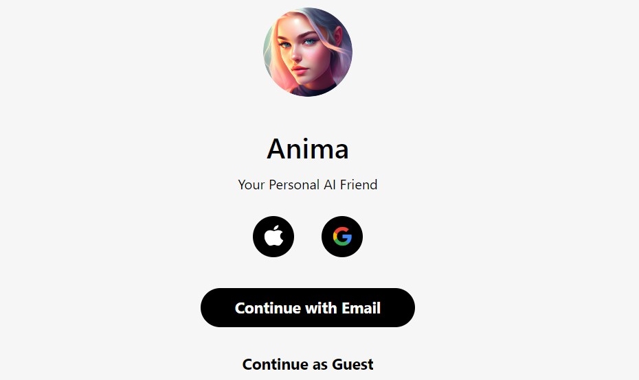  Anmeldeseite von Anima AI mit Optionen, um mit E-Mail, Google, Apple oder als Gast fortzufahren. 