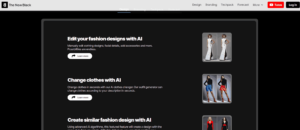 The-New-Black-Website, die KI-Tools zur Bearbeitung von Modedesigns, zum Ändern von Kleidung und zum Erstellen ähnlicher Modedesigns bewirbt.