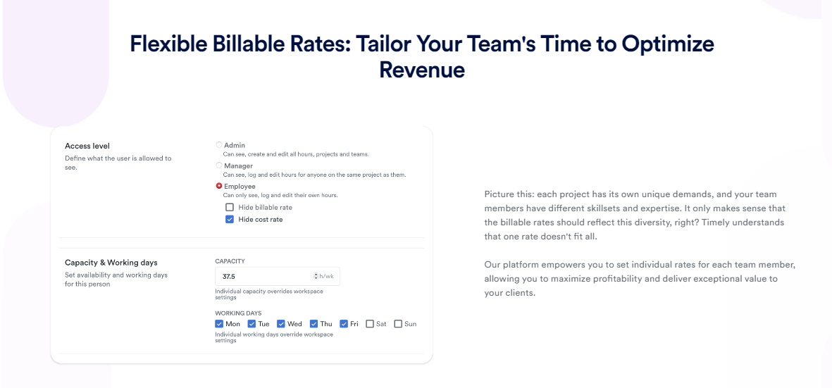 Timely's billable rates interface ensuring accurate tracking and invoicing of billable hours
