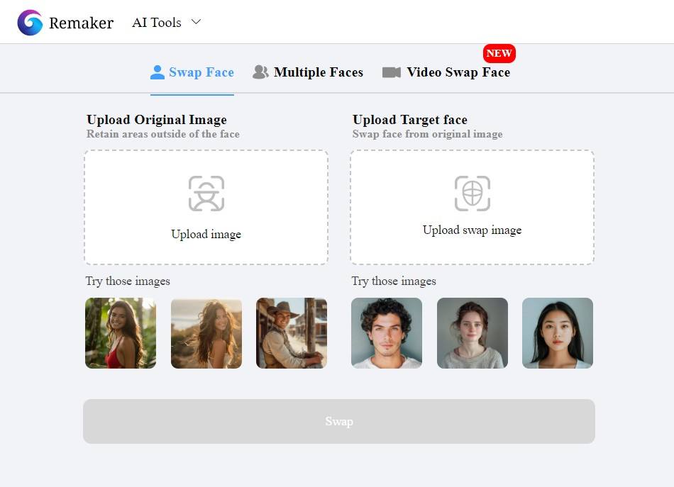  Remaker AI - Interface de upload de imagem original e upload de rosto alvo 