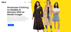 ZMO.AI-Website, die den KI-Modellgenerator zur Präsentation von Kleidung auf Modellen bewirbt.