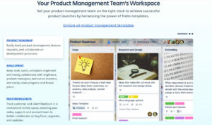 image-featuring-sections-for-product-roadmap-agile-sprint-and-feature-requests-along-with-visuals-of-trello-boards-illustrating-different-stages-of-product-management-tasks